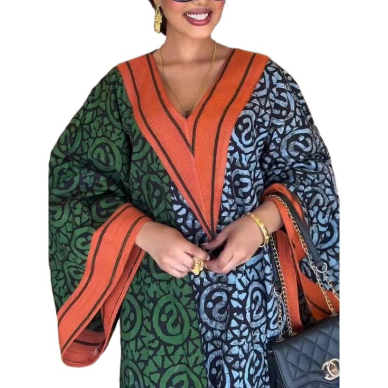 Women's V-Neck Digital Print Colorblock Long Sleeve Maxi Dress