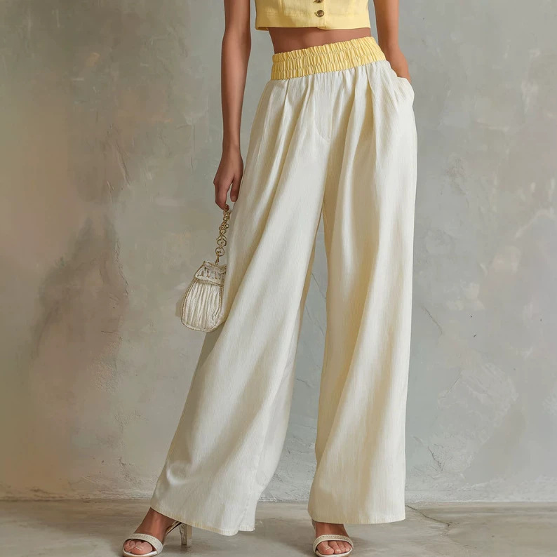 Retro Yellow Sleeveless Vest and Off-White Wide-Leg Pants Set
