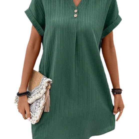 V-Neck Solid Button A-Line Midi Dress Short Sleeve Casual