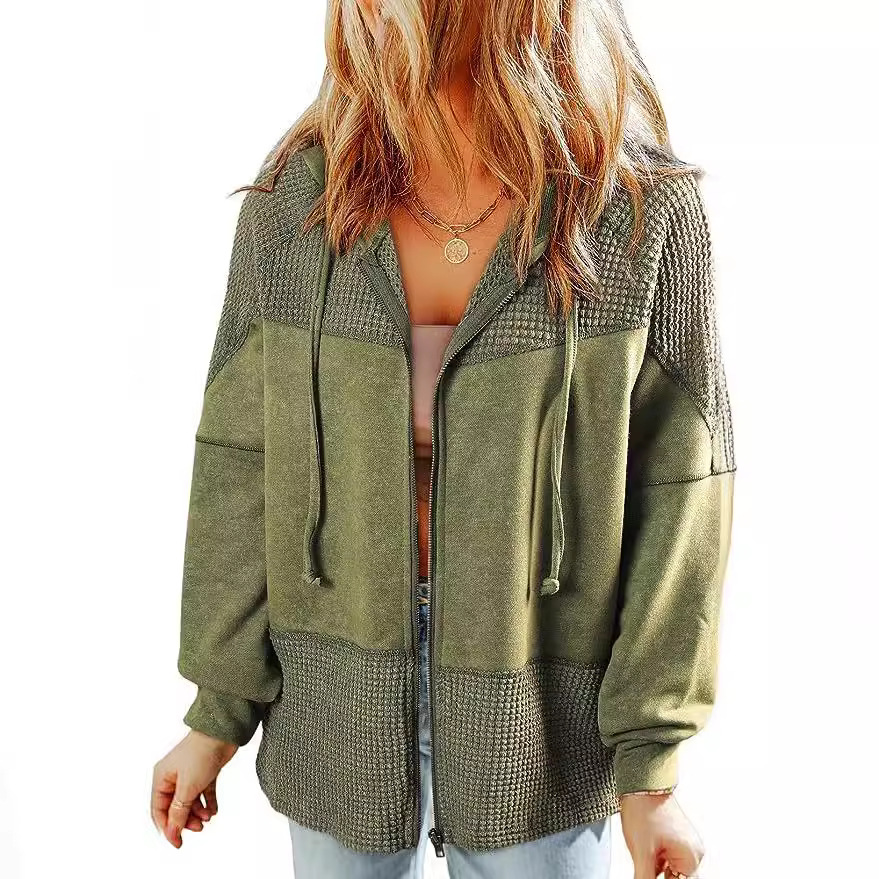 Color-Block Hooded Waffle Jacket with Drawstring
