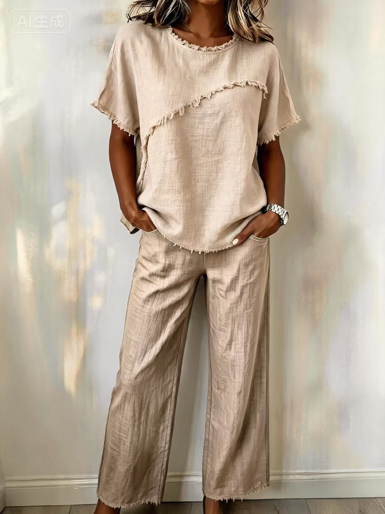 Women's Linen Two-Piece Set with Fringe Short Sleeve Top and Pants