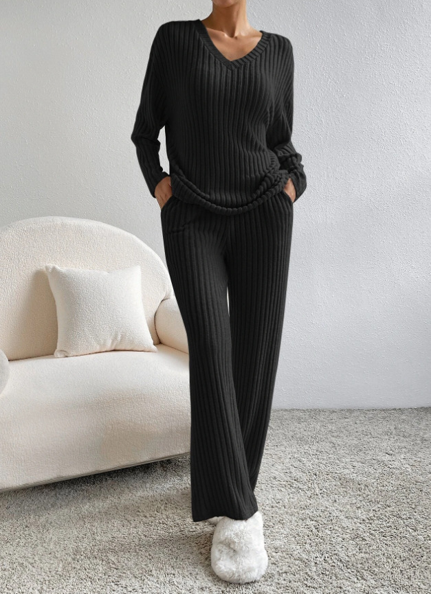 Women's Two-Piece Ribbed Knit V-Neck Top & Straight-Leg Pants Set