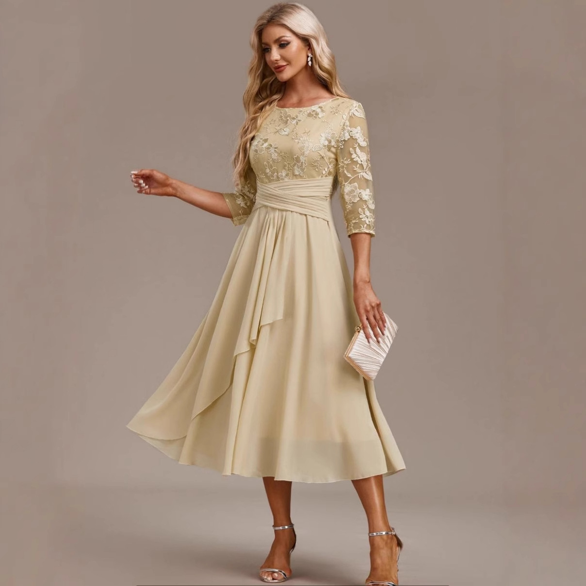 Women's Round Neck Lace Panel Chiffon Long Dress