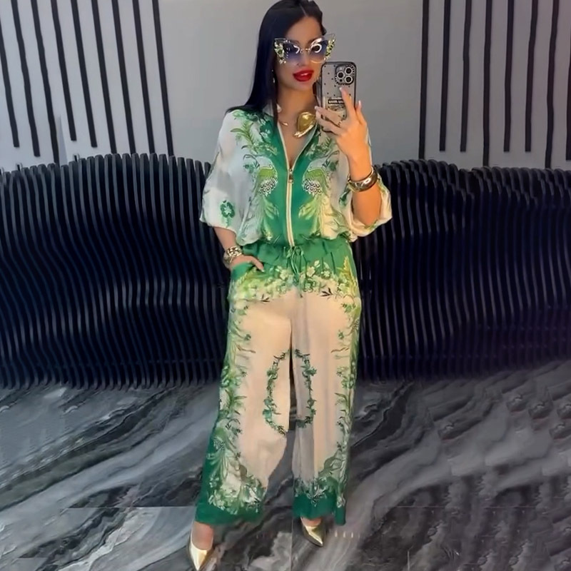 3D Floral Print Baseball Jacket & Drawstring Pants Two-Piece Set
