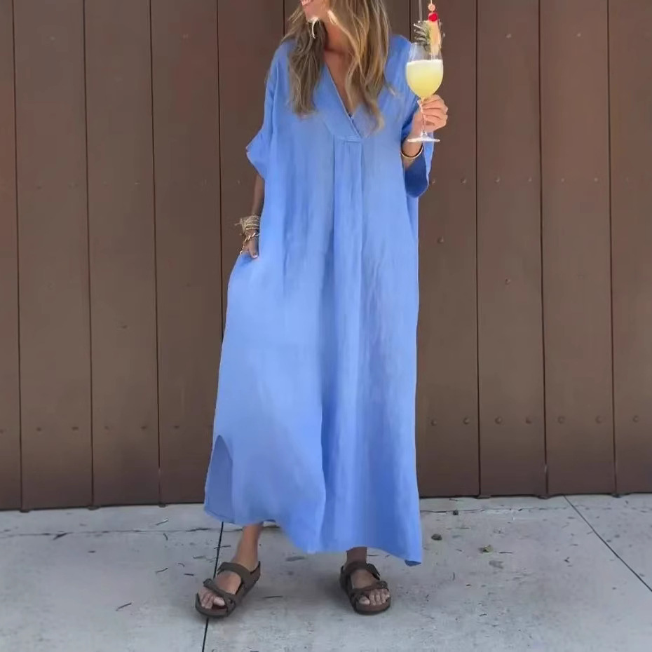 Washed Cotton V-Neck Short Sleeve Midi Dress Casual