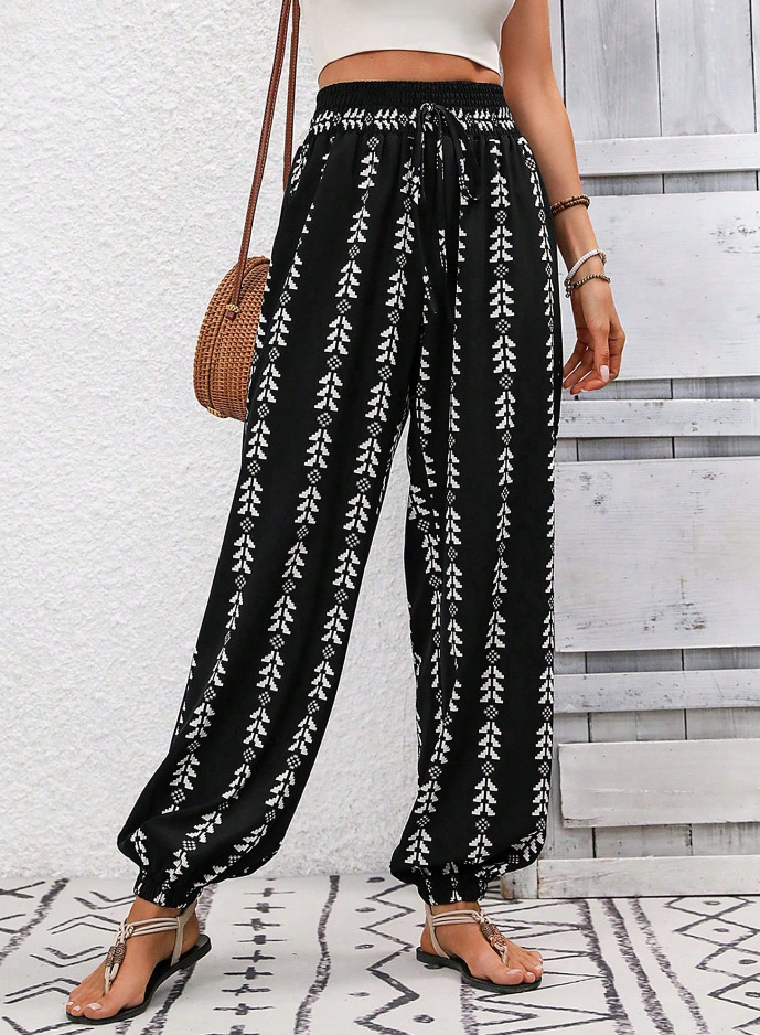 Women's Grid Wide-Leg Lantern Pants High Waist Loose Fit