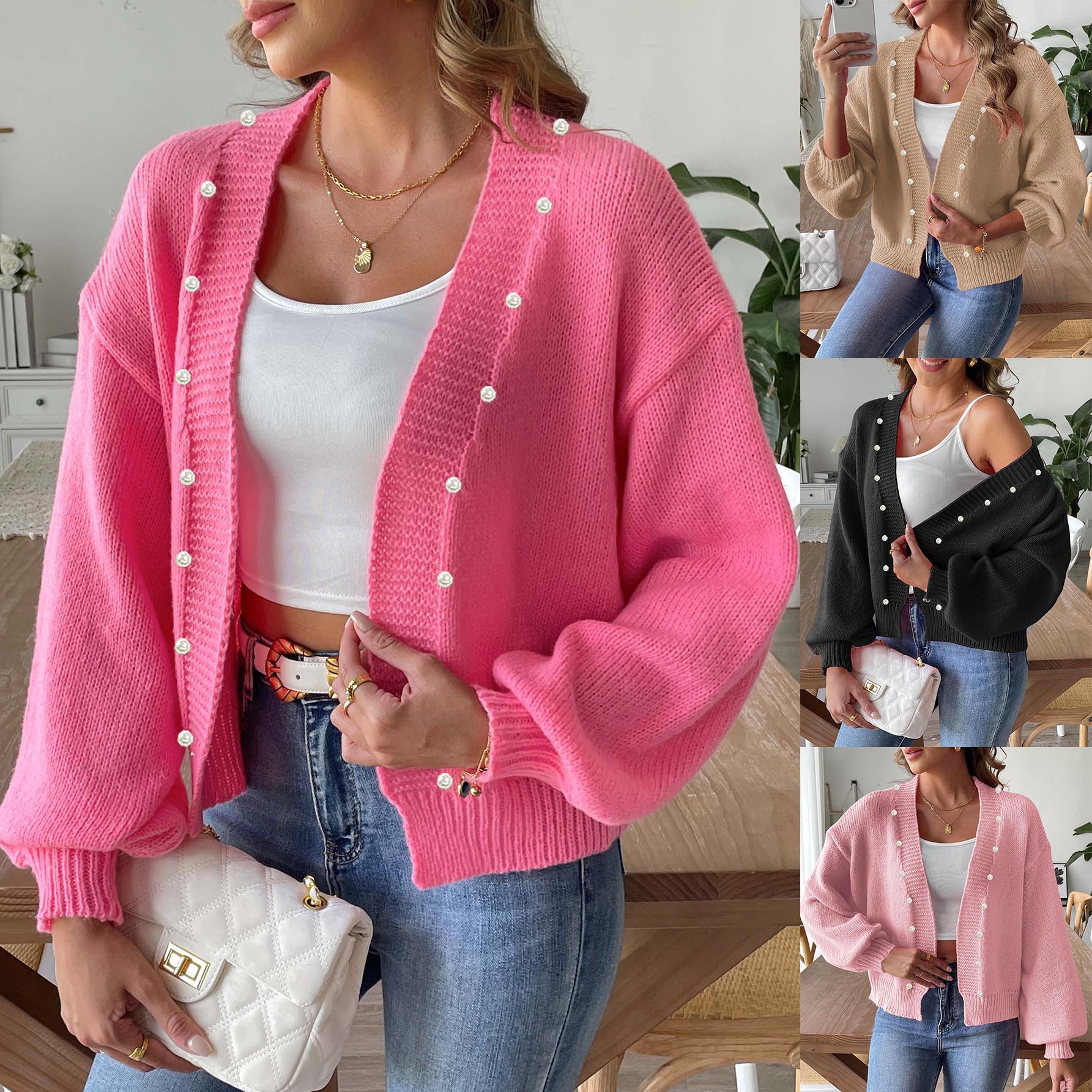 Women's Cropped Pearl Beaded Cardigan Sweater Coat