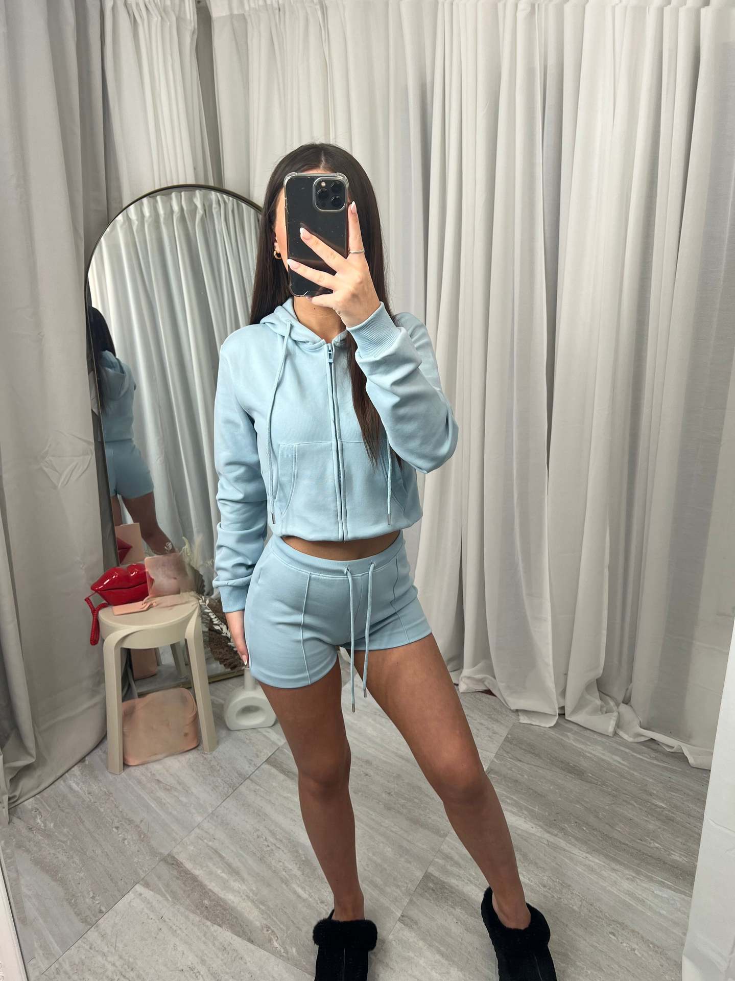 Women's Hooded Sweatshirt and Shorts Two-Piece Casual Set with Large Pockets
