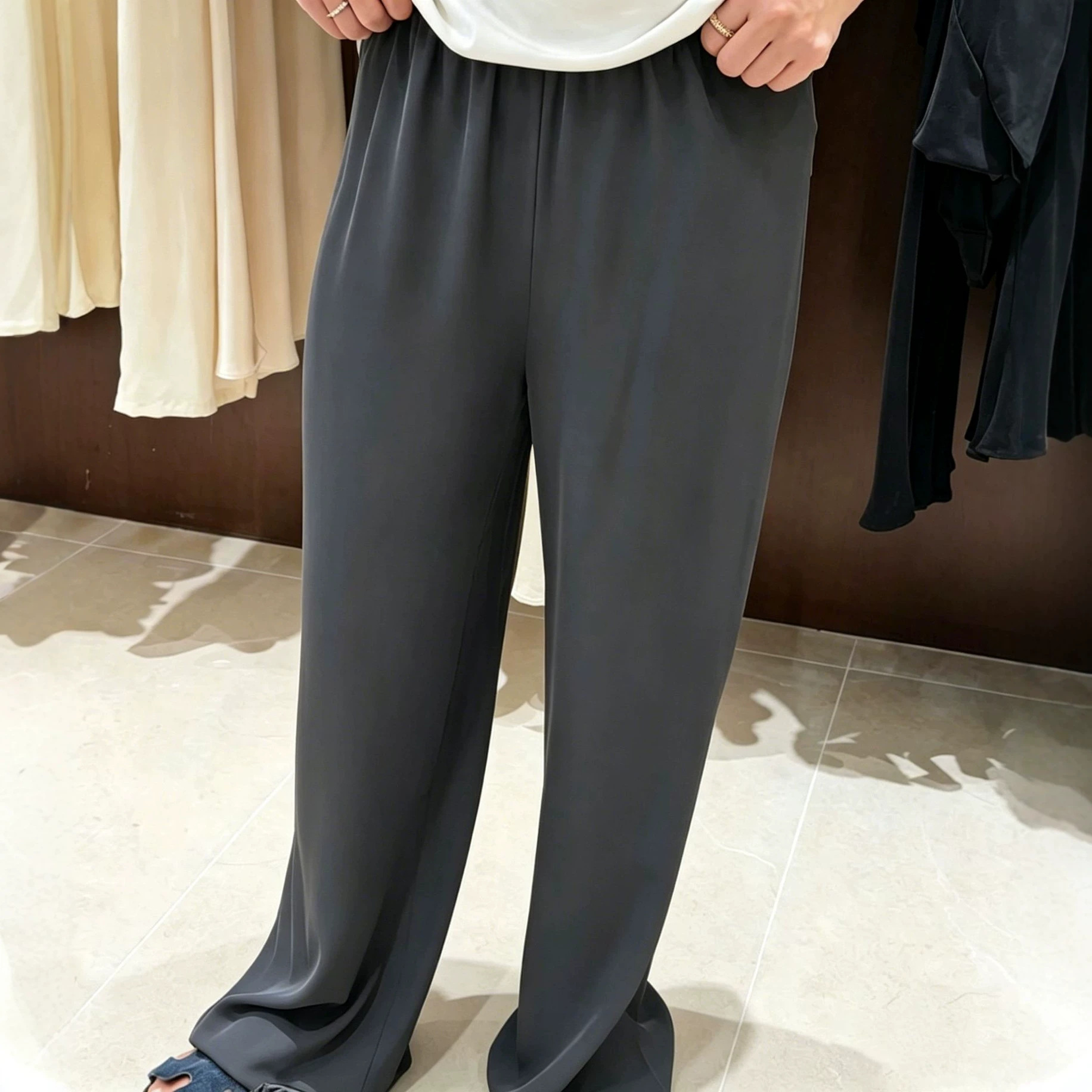 Women's Textured Twill Wide-Leg Casual Pants with Drape