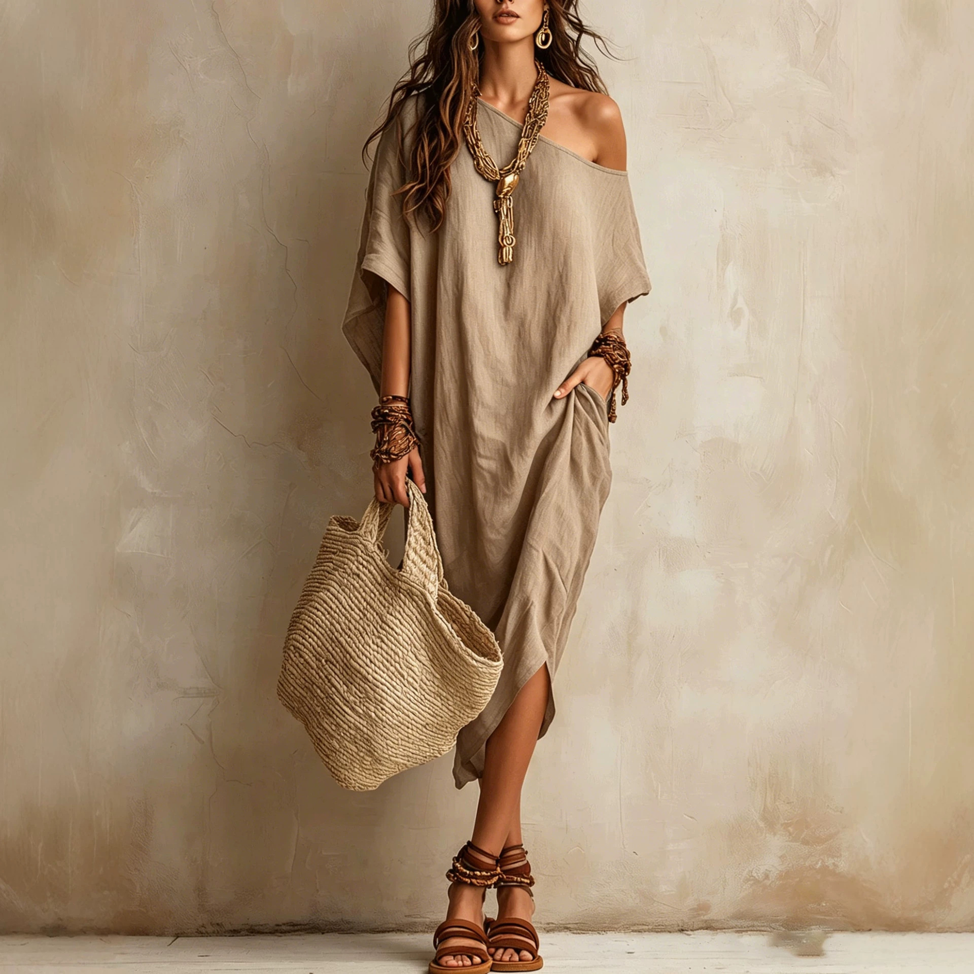 Women's One-Shoulder Cotton-Linen Blend Midi Dress with Batwing Sleeves and Slit