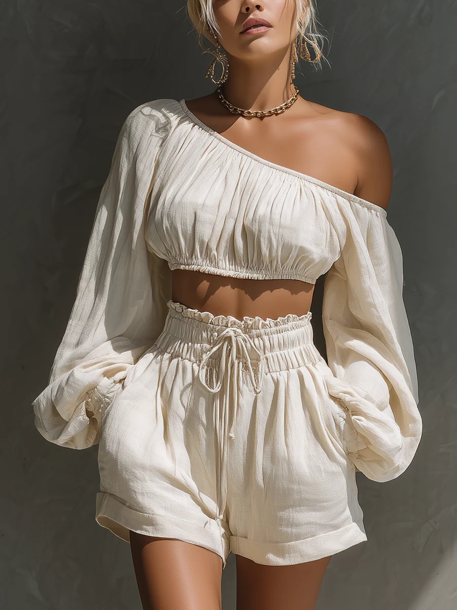 French Lazy Style One-Shoulder Long-Sleeve Crop Top & High-Waist Ruffle Shorts Set