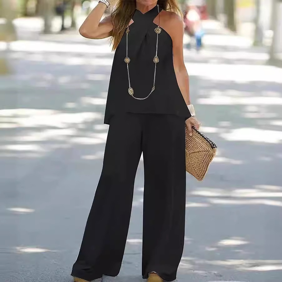 Women's Sleeveless Halter Two-Piece Set with Wide-Leg Pants