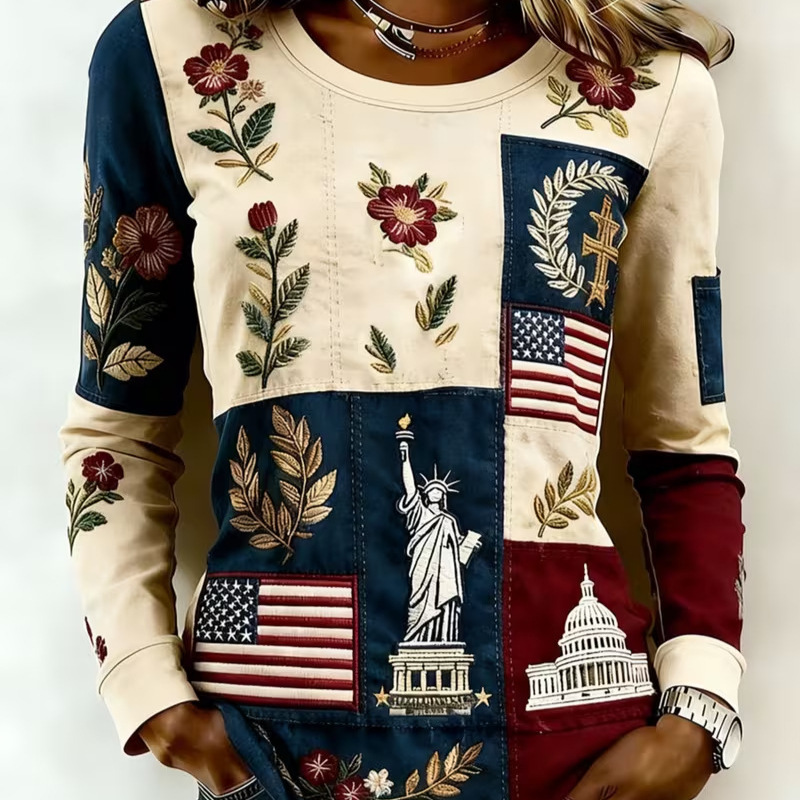 Women's Floral Plaid Print Crewneck Pullover Sweatshirt