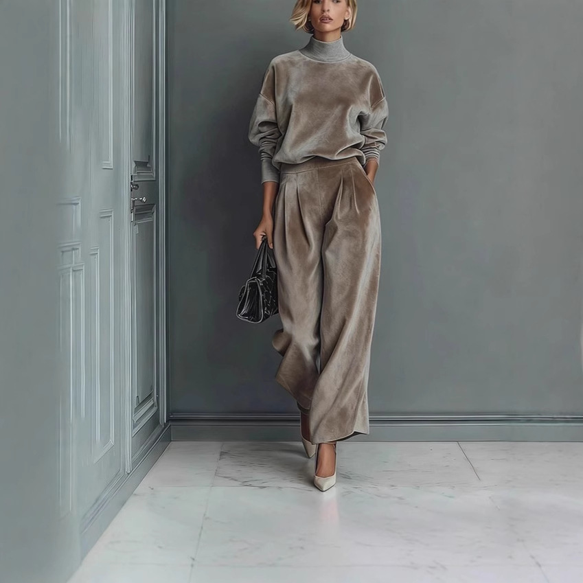 Women's Velvet Tracksuit High Neck Zip Top Wide Leg Pants Set