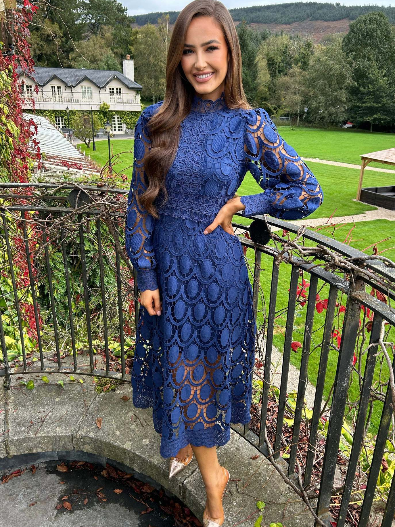 Sexy Cutout Long Sleeve Stand Collar Lace Trim Maxi Dress