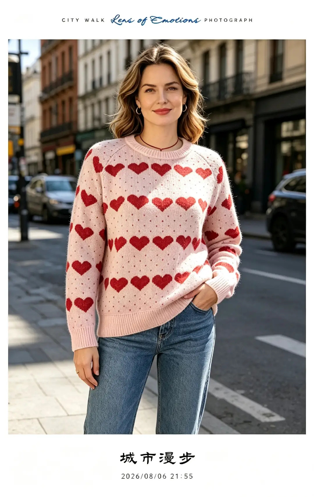 Heart Jacquard Knit Cardigan Wool-Blend V-Neck Loose Casual Sweater