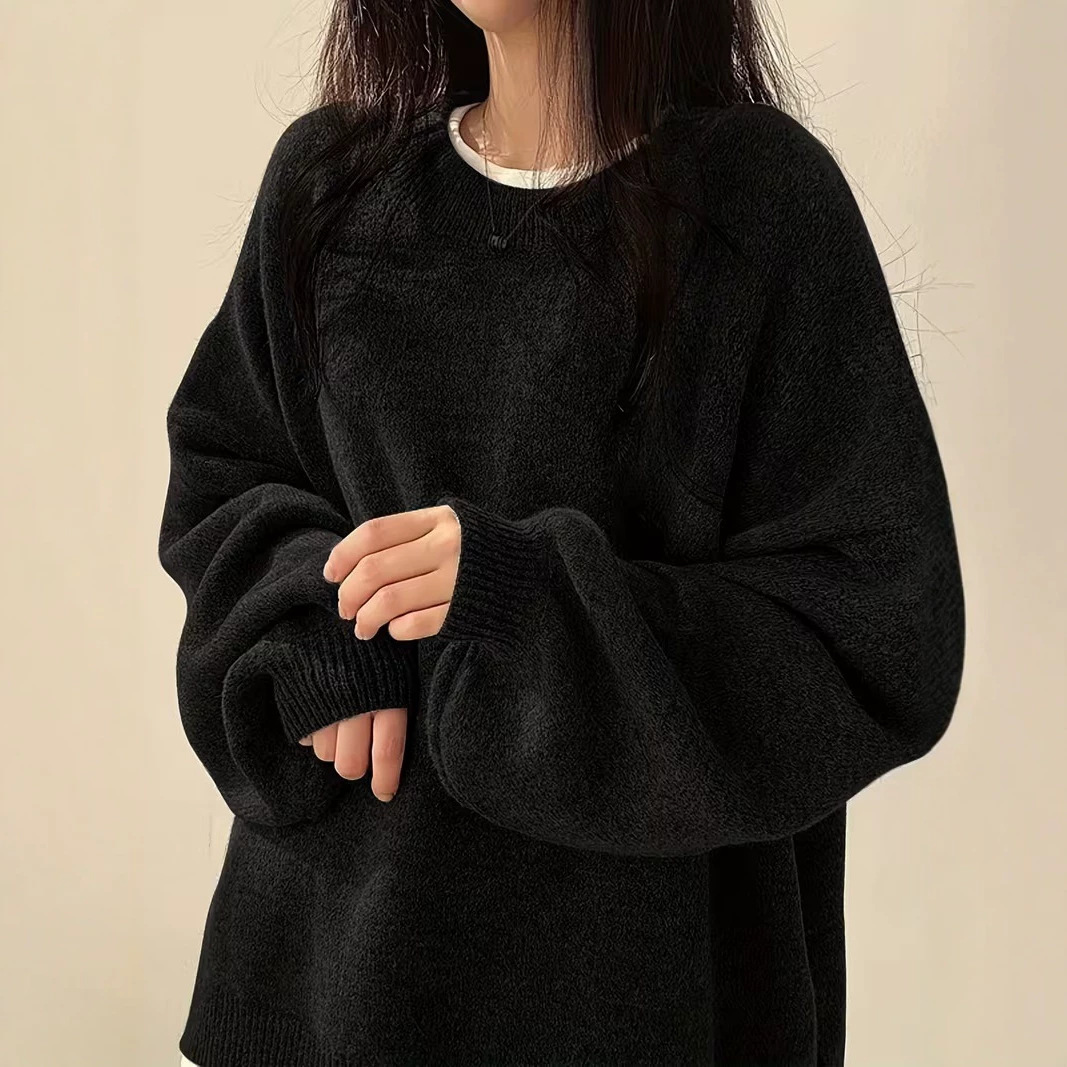 Women's Solid Crewneck Pullover Sweater Casual Long Sleeve Drop Shoulder Slit Knit Top