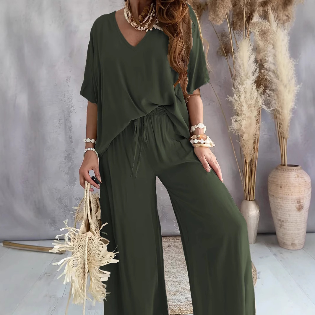 V-Neck Batwing Sleeve Wide-Leg Pants Set Women's Casual Loose Two-Piece