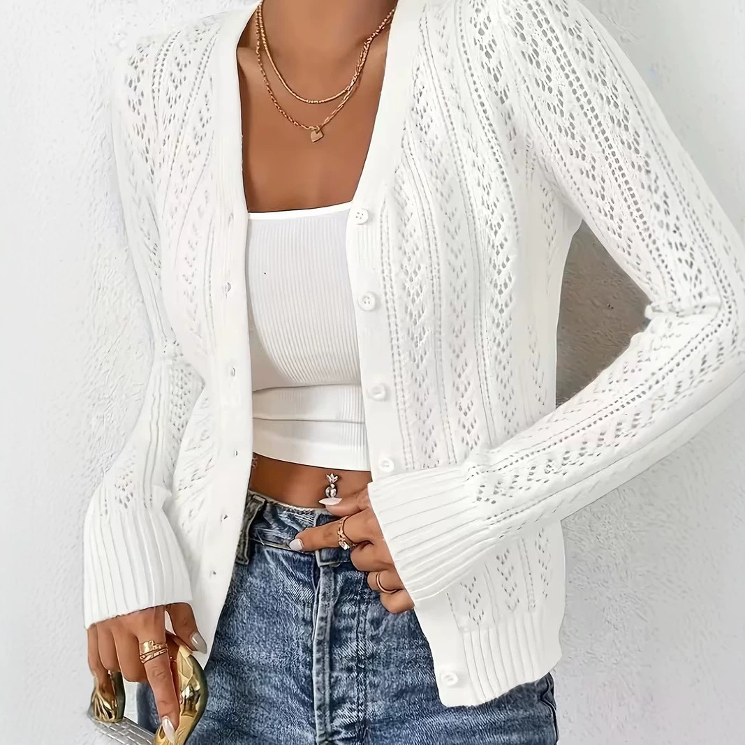 Women's White Open-Knit Cardigan Sweater Long Sleeve
