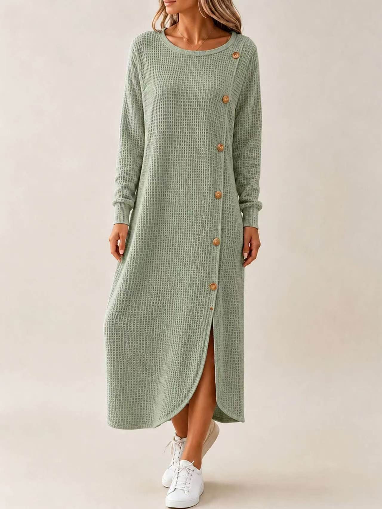 Waffle Knit Long Sleeve Button Slit Long Sweater Dress