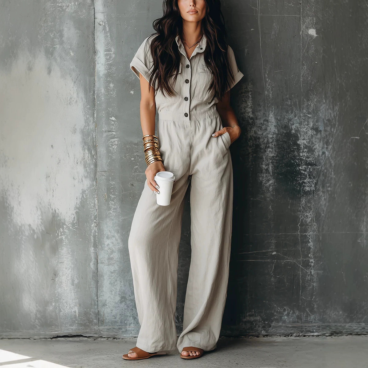 Elegant Button-Front Multi-Pocket Jumpsuit