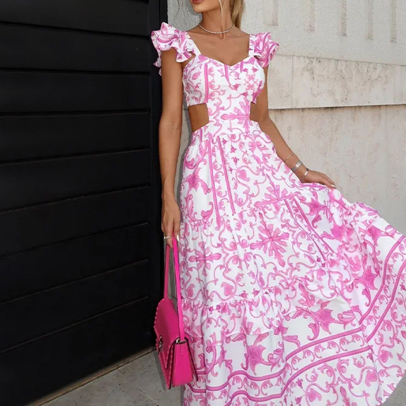 Women's Flutter-Sleeve Printed Cutout Waist Maxi Dress