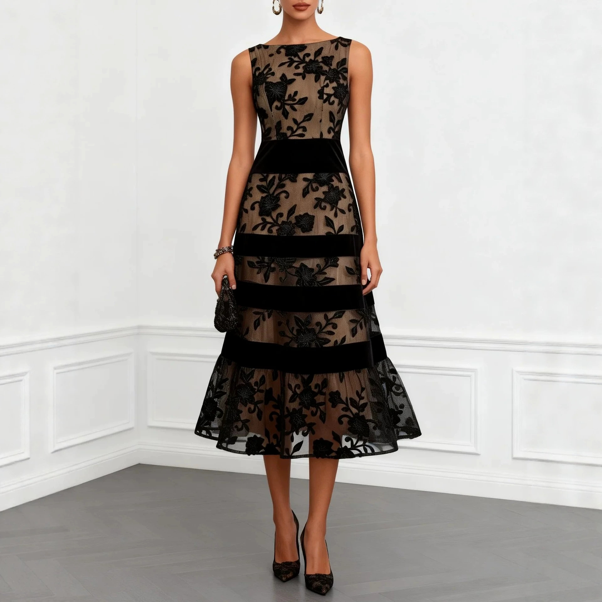 Black Mesh Flocked Jacquard Paneled Bodycon Dress