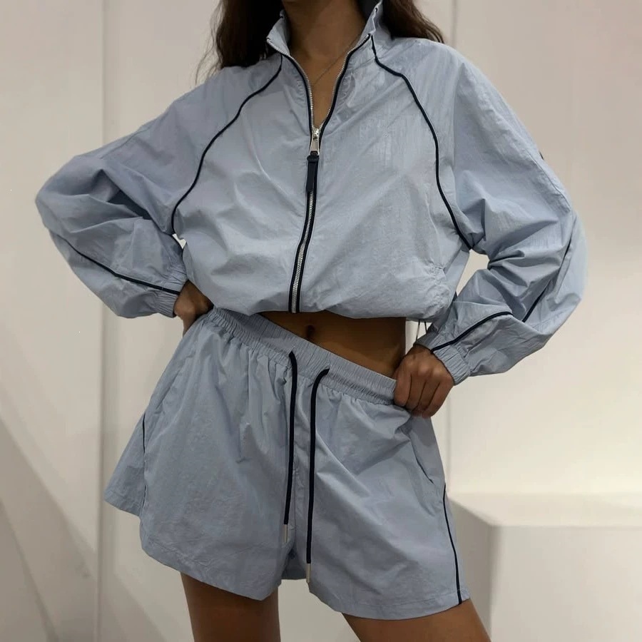 Retro Striped Long-Sleeve Zip Cardigan and Tie Shorts Two-Piece Set