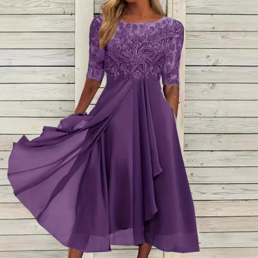 Women's Chiffon Lace Hollow-Out Long Dress Bridesmaid Evening Gown