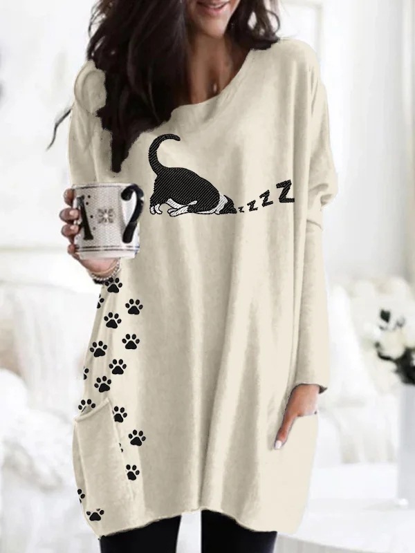 Women's Animal Print A-Line Midi Dress Long Sleeve Crew Neck Casual