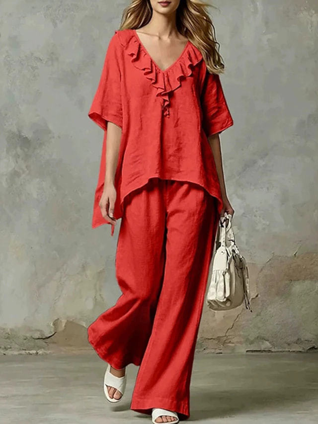 Women's V-Neck Loose Cotton Blend T-Shirt and Pants Set Casual Two-Piece Outfit