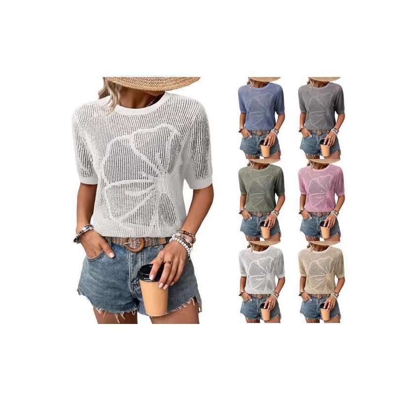 Women's Summer Round Neck Short Sleeve Openwork Floral Knit Top