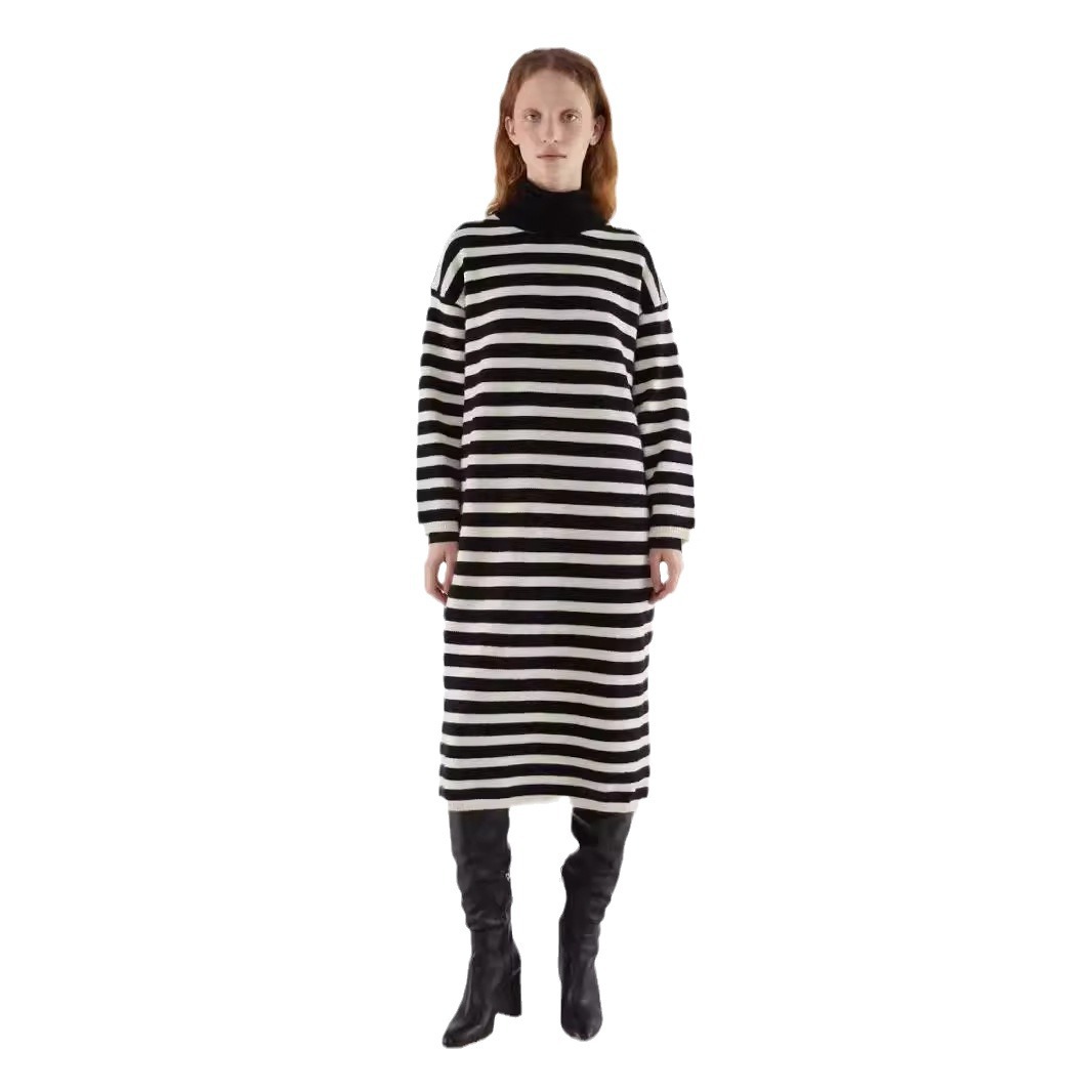 Striped Sweater Dress Round Neck Long Sleeve Loose Fit