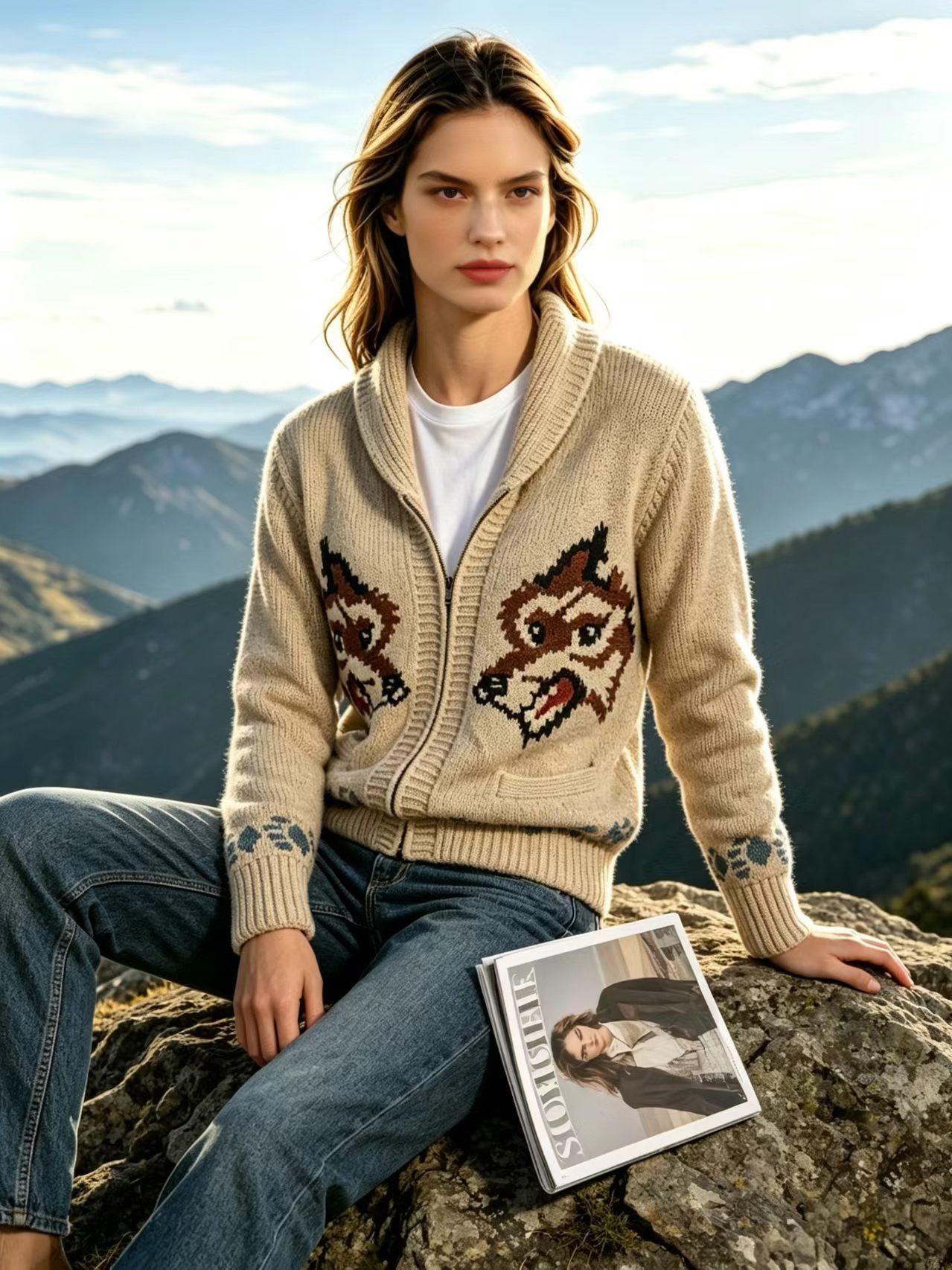 Retro Double Wolf Jacquard Zip-Up Knit Cardigan Women's Loose Lazy Sweater