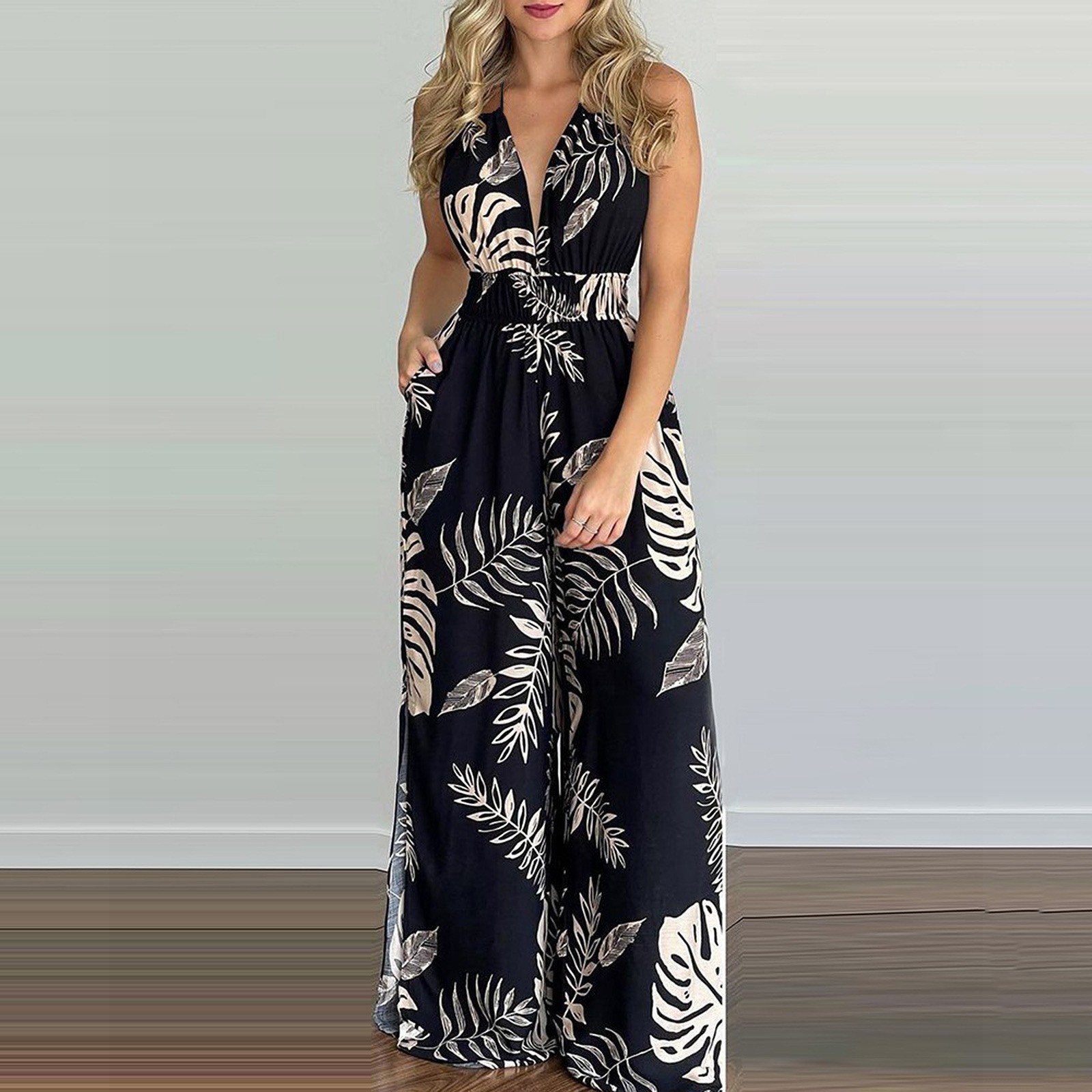 Women's Digital Print Sleeveless Jumpsuit with V-Neck and Wide Leg