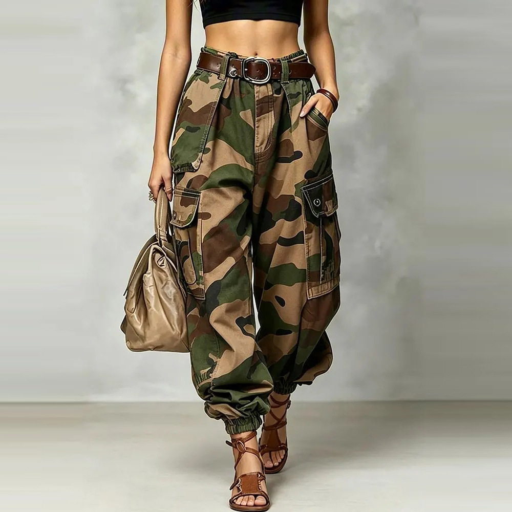 Retro Camo Multi-Pocket Cargo Pants Summer Loose Straight Wide-Leg