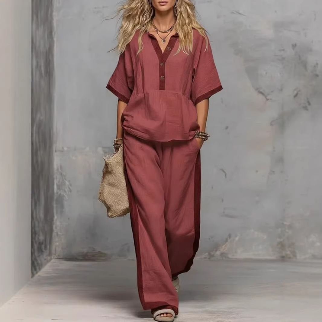 Women's V-Neck 3/4 Sleeve Cotton-Linen Top and Wide-Leg Pants Set