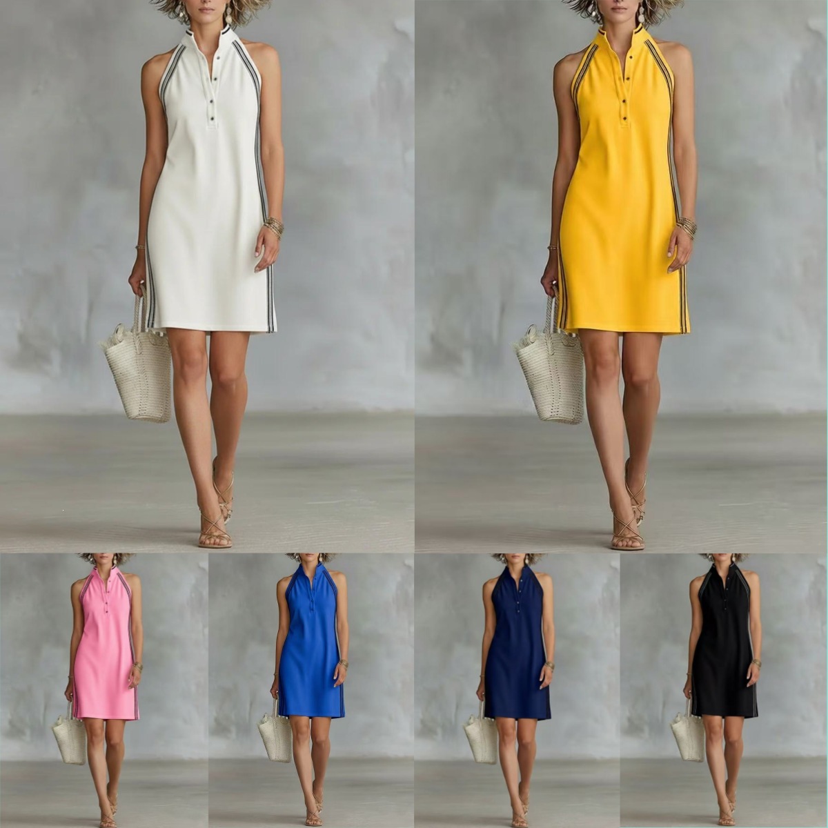 Solid Sleeveless Button Stand Collar Mini Dress