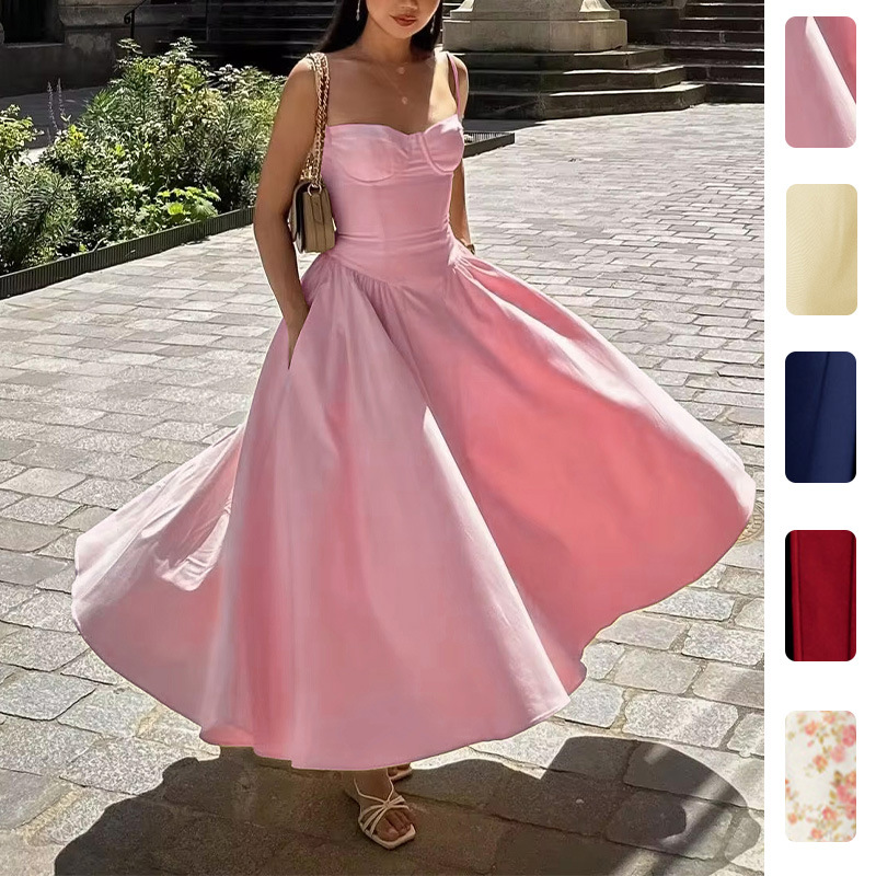 Women's French Vintage Sleeveless Midi Dress with Cinched Waist