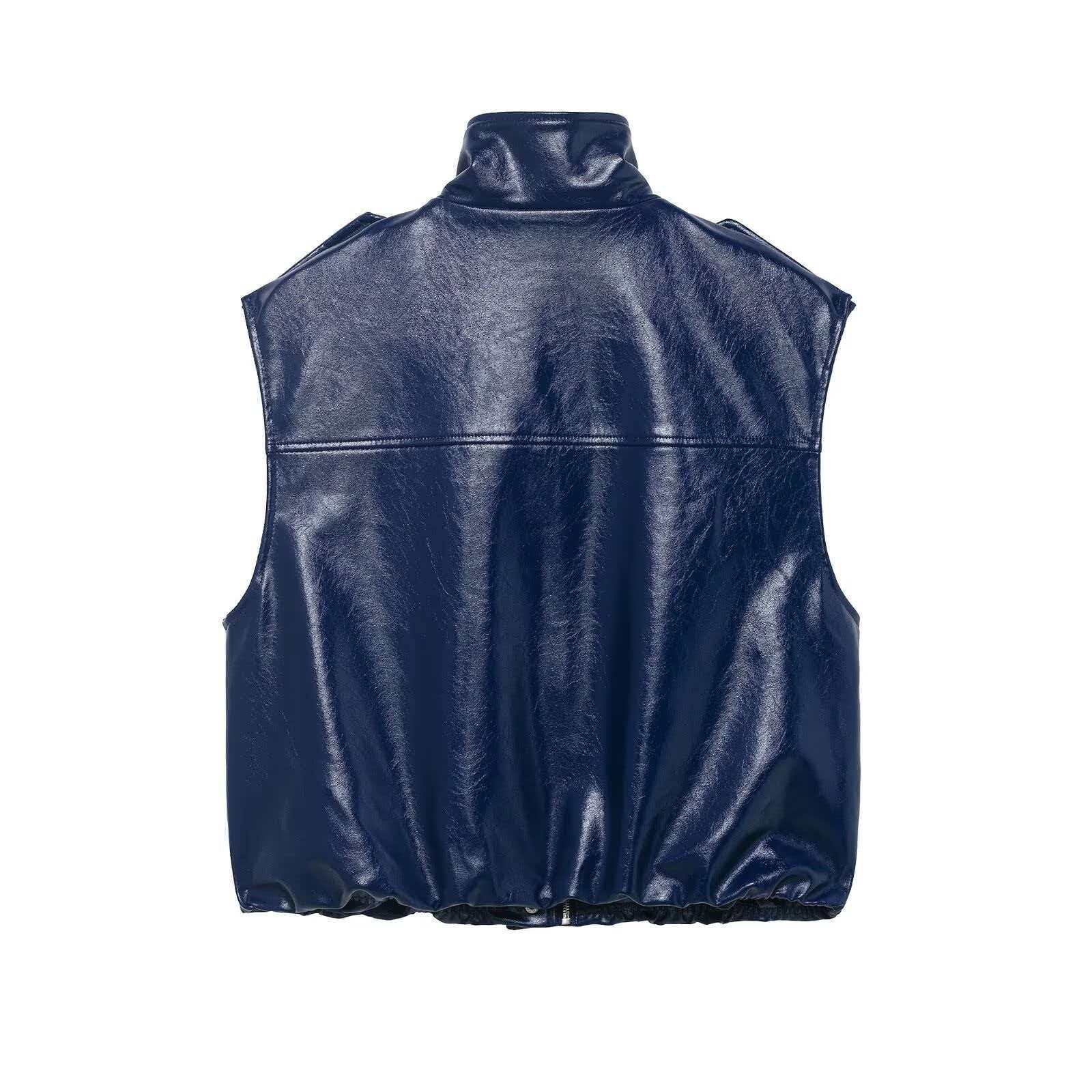 Women's Navy Glossy Faux Leather Skirt Set Sleeveless Cardigan Top and Long Pants