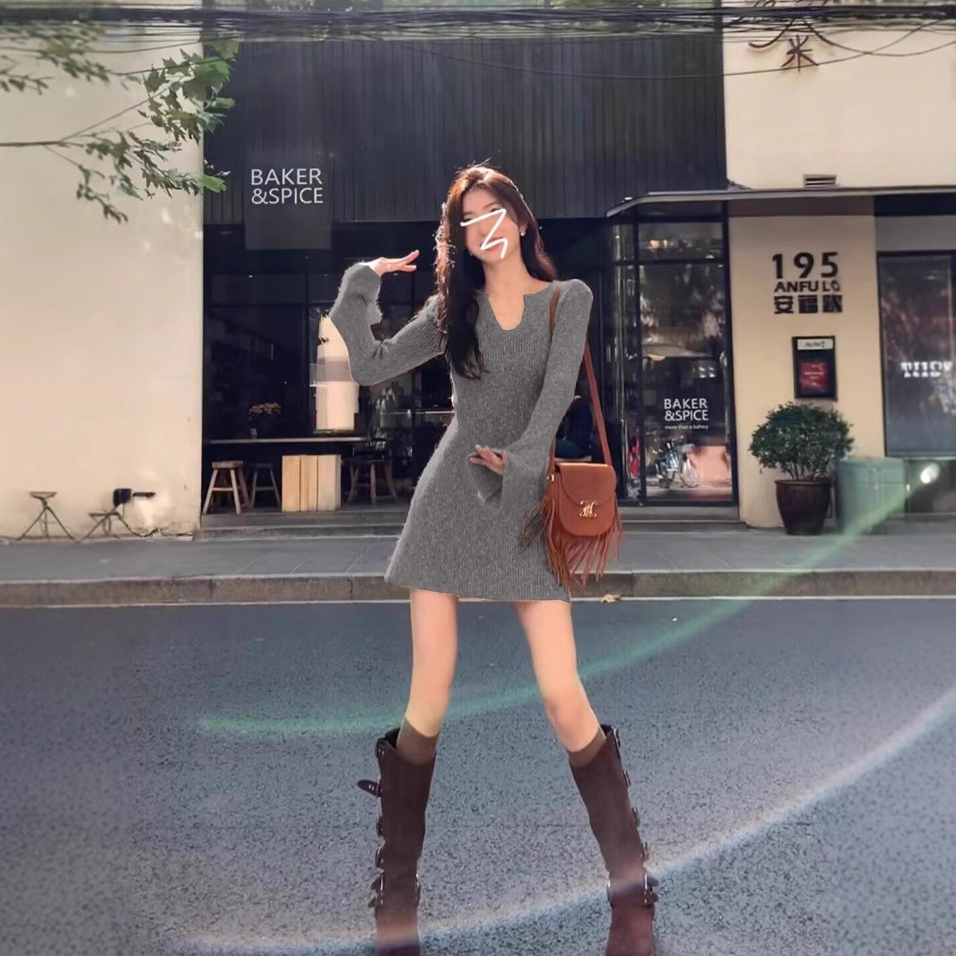 V-Neck Knit Bodycon Mini Dress Slim Fit Long Sleeve