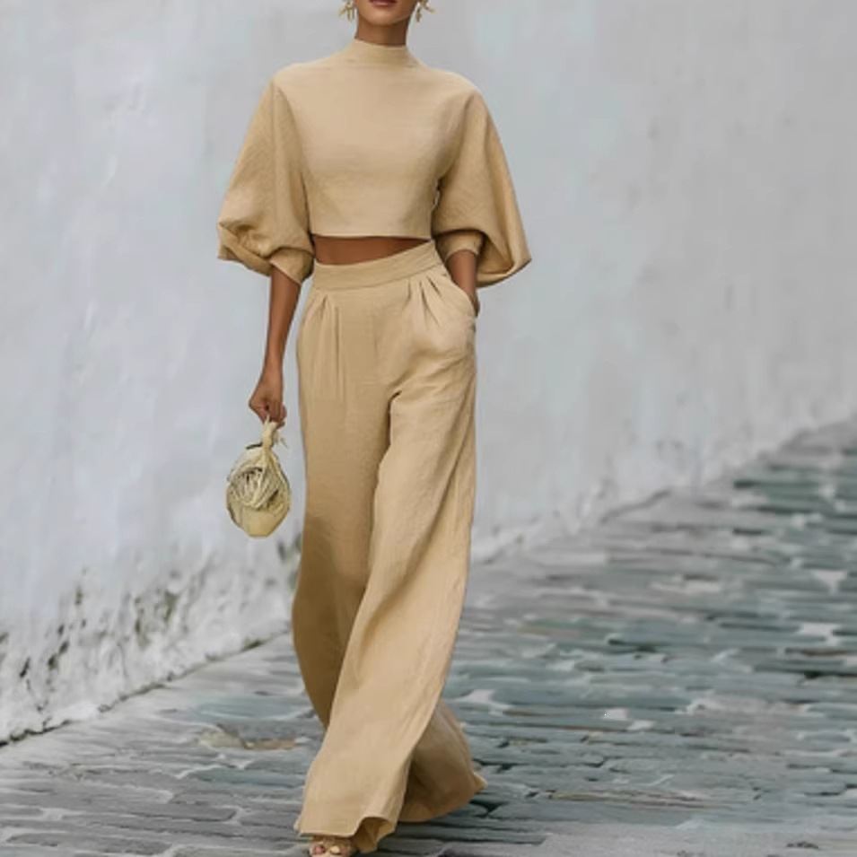 Women's Casual Two-Piece Set Cropped Top High-Waist Pants