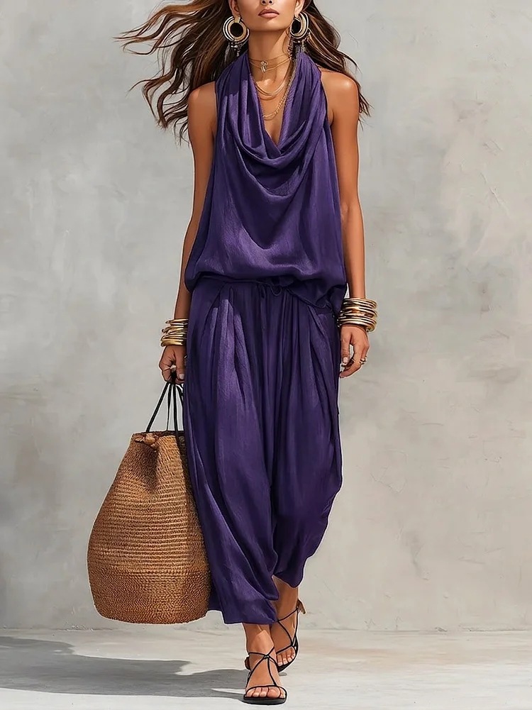 Elegant Draped-Neck Vest and Pants Set for Commute