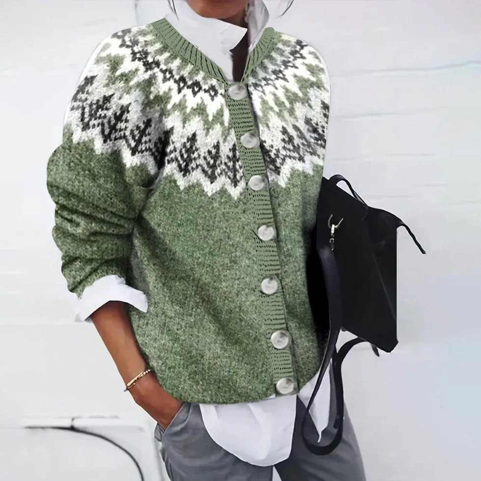 Pattern Print Round Neck Soft Knit Sweater Casual Cardigan