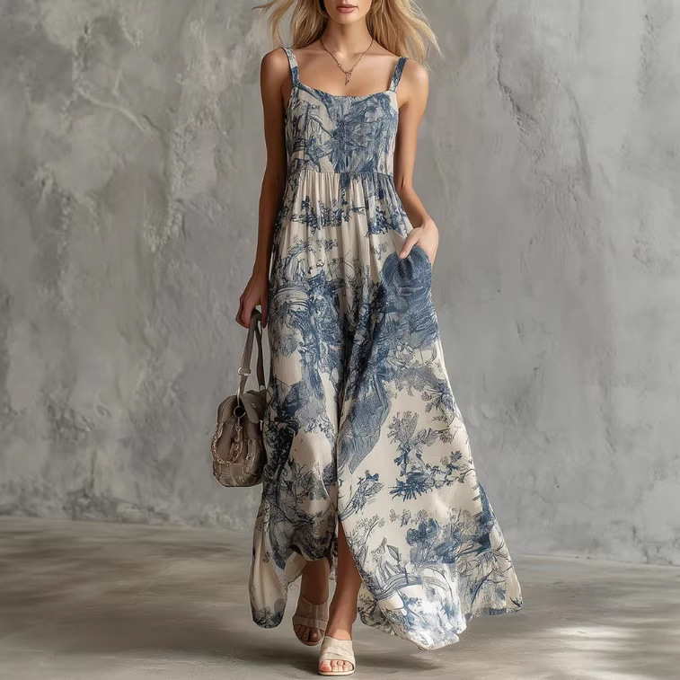 Blue Floral Print Sleeveless Square Neck Chiffon Maxi Dress