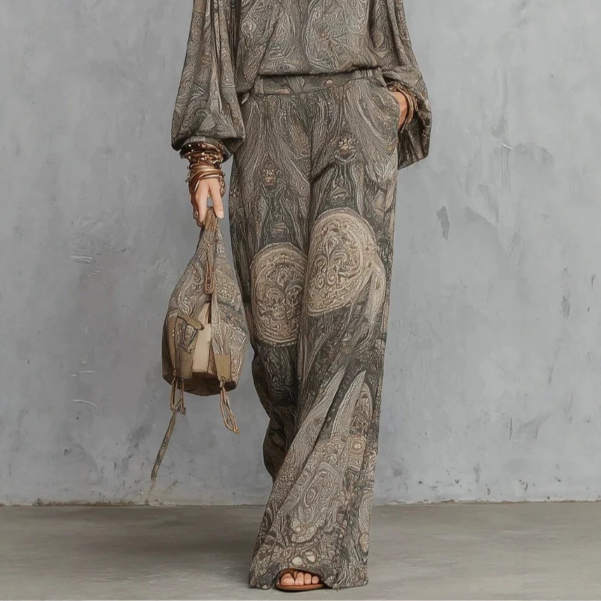 Paisley Print Two-Piece Set with Long Sleeve Top and High-Waist Long Skirt