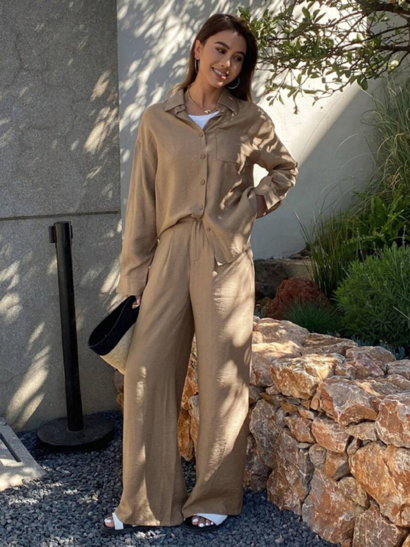 Women's Button-Down Loose Casual Two-Piece Pant Set