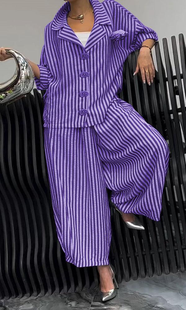 Floral Striped Loose Blazer & Pants Set