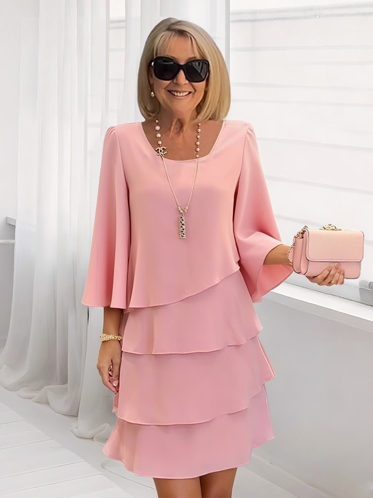 Women's Tiered Ruffle Dress Round Neck Loose Slimming Midi