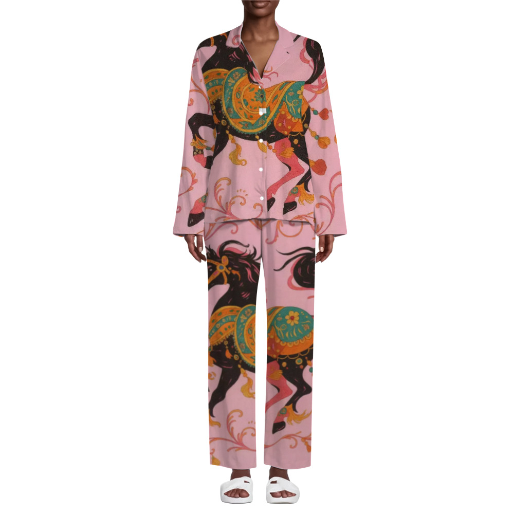 Women's Cuban Collar Horse Print Long Sleeve Loungewear Set